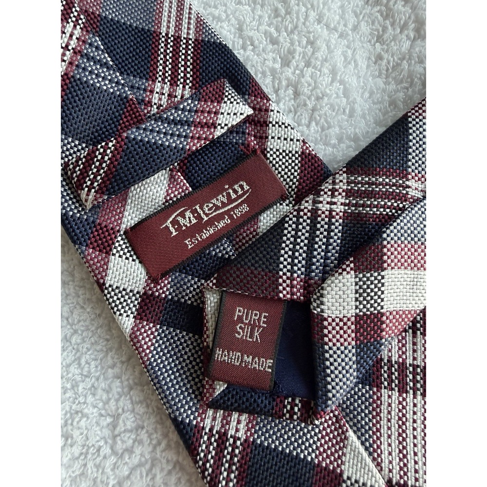 T.M. Lewin	Navy Burgundy Plaid Check Tartan Woven 100% Silk Tie Necktie